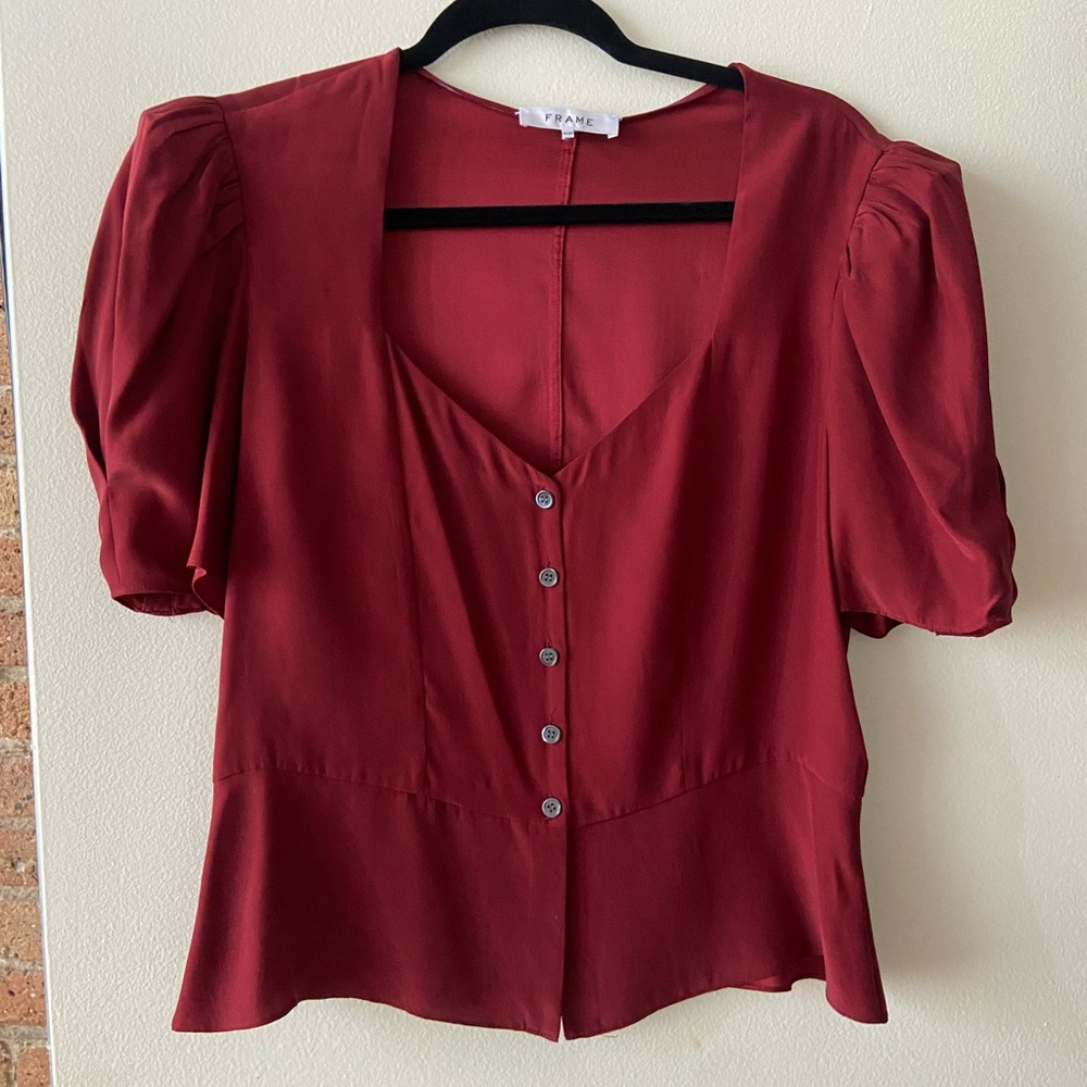 FRAME Silk Peplum Blouse in Oxblood Size M